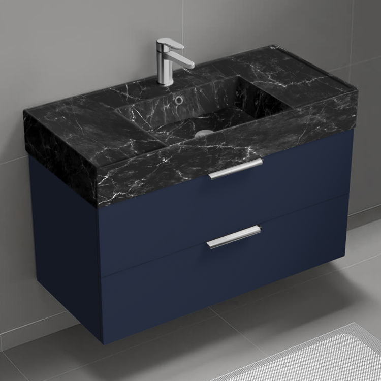 Nameeks DERIN917 Wall Mounted Bathroom Vanity With Black Marble Design Sink, Modern, Single, 40 Inch, Night Blue